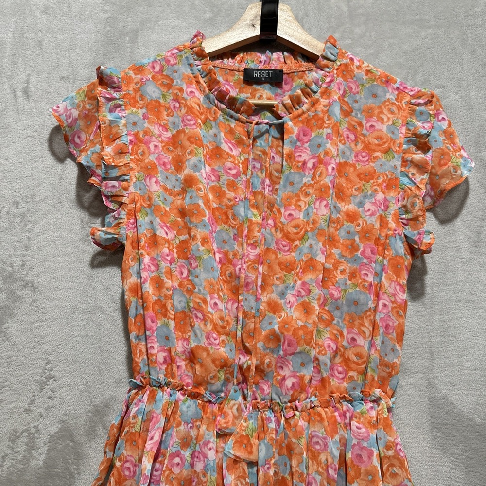 RESET BY Jane Mini Dress Women's S Orange Ruffle Floral Print Elastic Waist - Picture 4 of 9